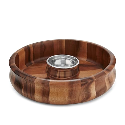 nambe - Nara Collection - Curved Chip & Dip Bowl 13" x 3.5" - Inner Mini Nambe Alloy Dip Bowl - Measures at 13" x 3.5" - Made with Nambe Alloy and Acacia Wood - Designed by Sean O'Hara