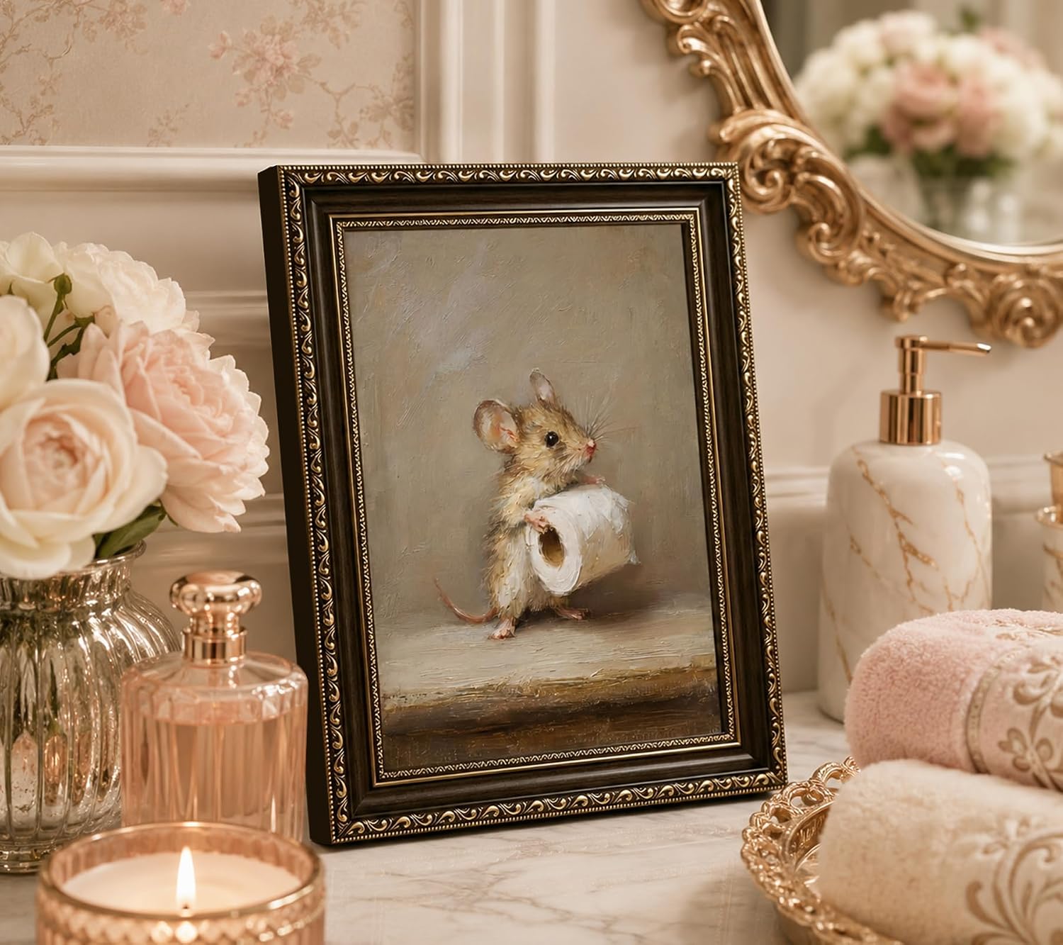 Gold Framed Funny Mouse Holding Toilet Paper Canvas Wall Art 9x11 in image 4