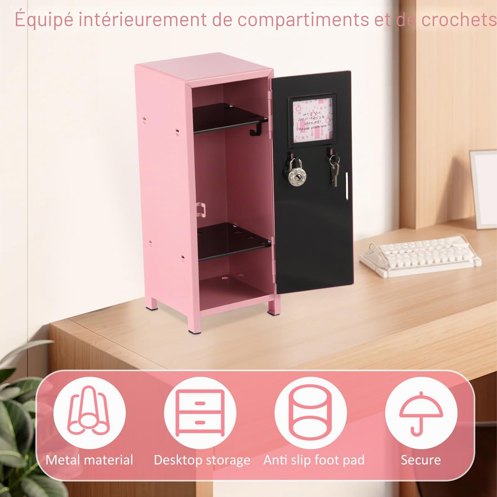 Mini casier avec serrure et clé, 27,5 x 10,5 x 10,5 cm, en métal antirouille, petit casier, portable, avec compartiments, pour bureau, filles, garçons