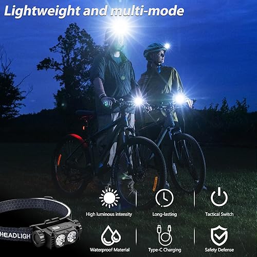 Miniatura 6 de Bud K Paquete de 6 faros recargables, 5000 L, luz LED súper brillante, recargable, 3 modos, linterna desmontable y lámpara de cabeza impermeable