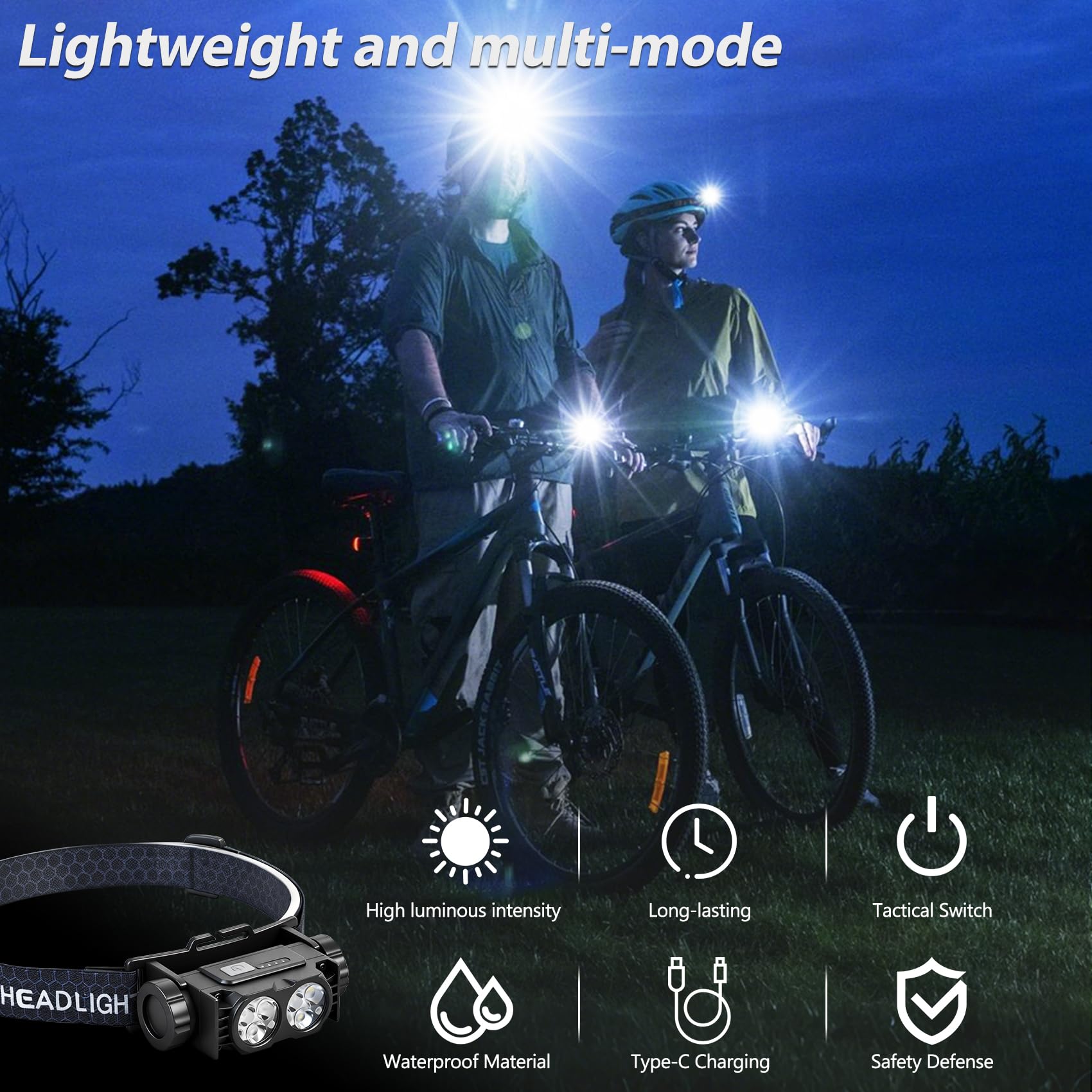 Bud K Stirnlampe, wiederaufladbar, 5000 l, superhelles Licht, LED, wiederaufladbar, 3 Modi, abnehmbare Taschenlampe und wasserdichte Stirnlampe für Erwachsene, Laufen, Outdoor, Notfall, harte Mütze