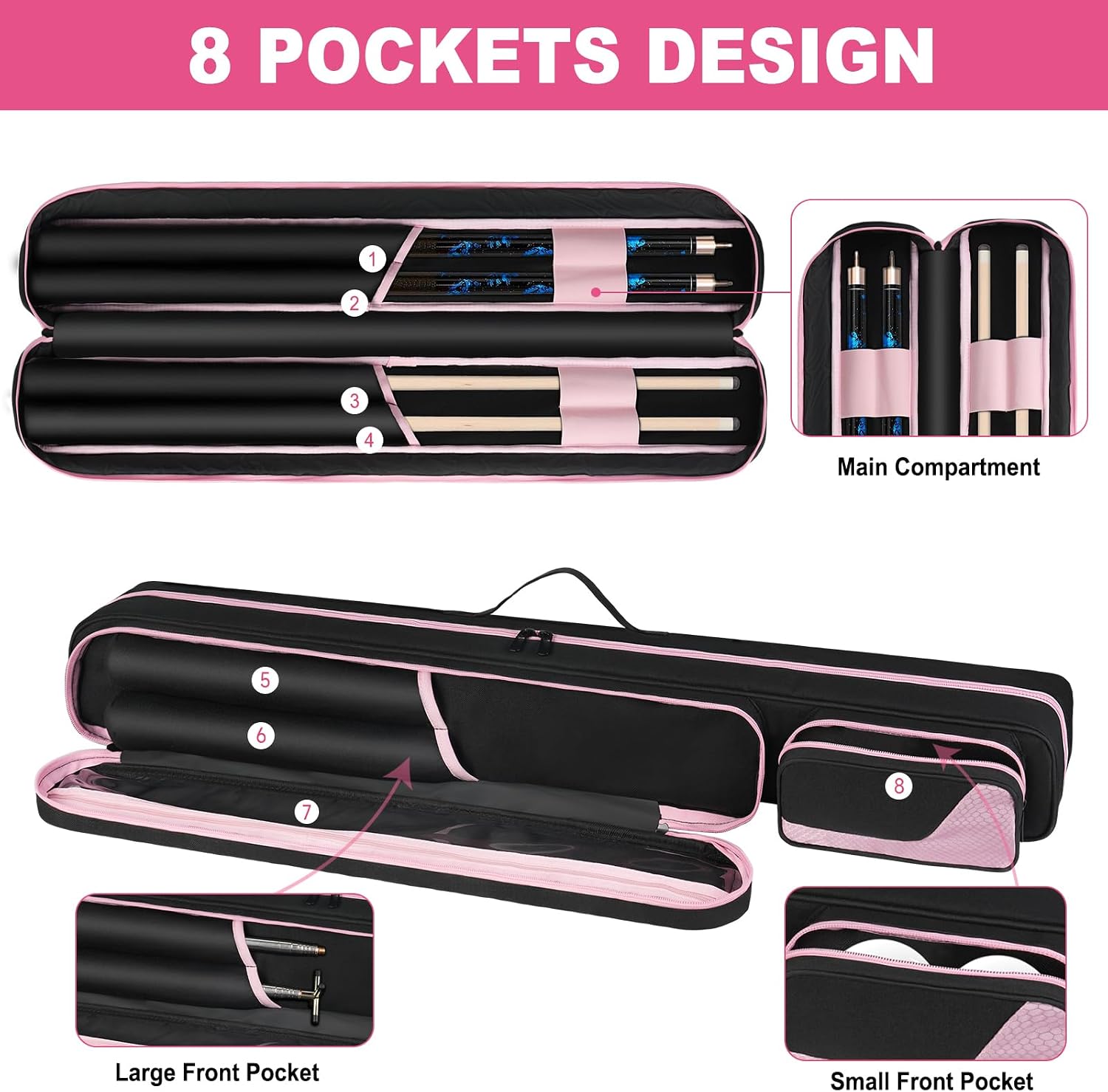 Pool Cue Case, Pool Stick Carrying Case Holds Butts and Shafts, Billiard Cue Bag with Shoulder Straps image 3