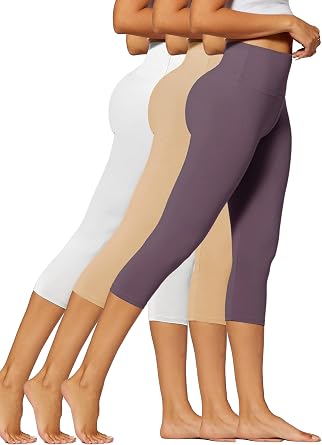 Conceited 3-Pack High Waisted Capri Leggings for Women - White, Khaki, Vintage Violet - XX-Large - 3X-Large