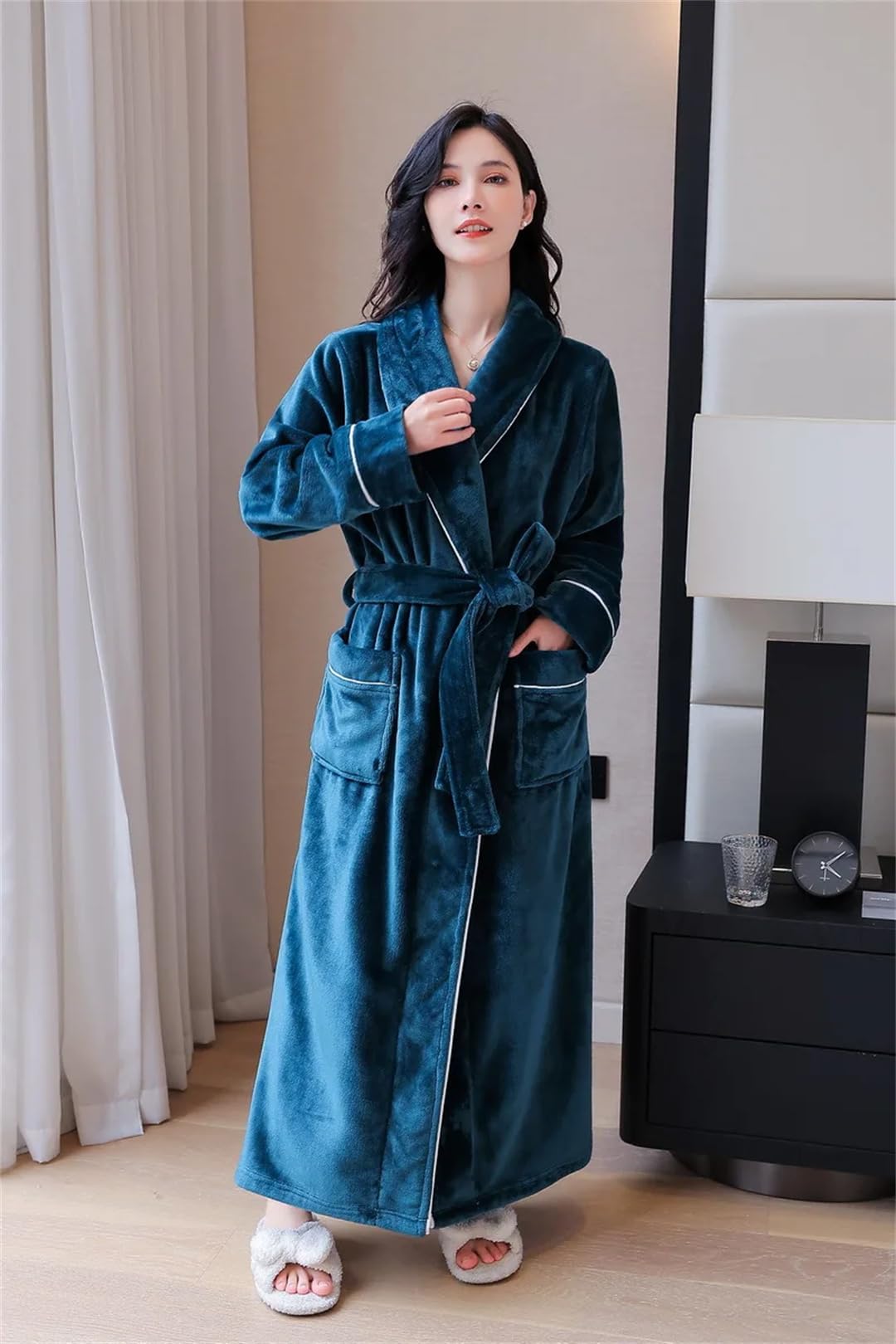 Albornoz de invierno para hombre y mujer, de forro polar mullido, para dormir y dormir largo, para hotel y spa