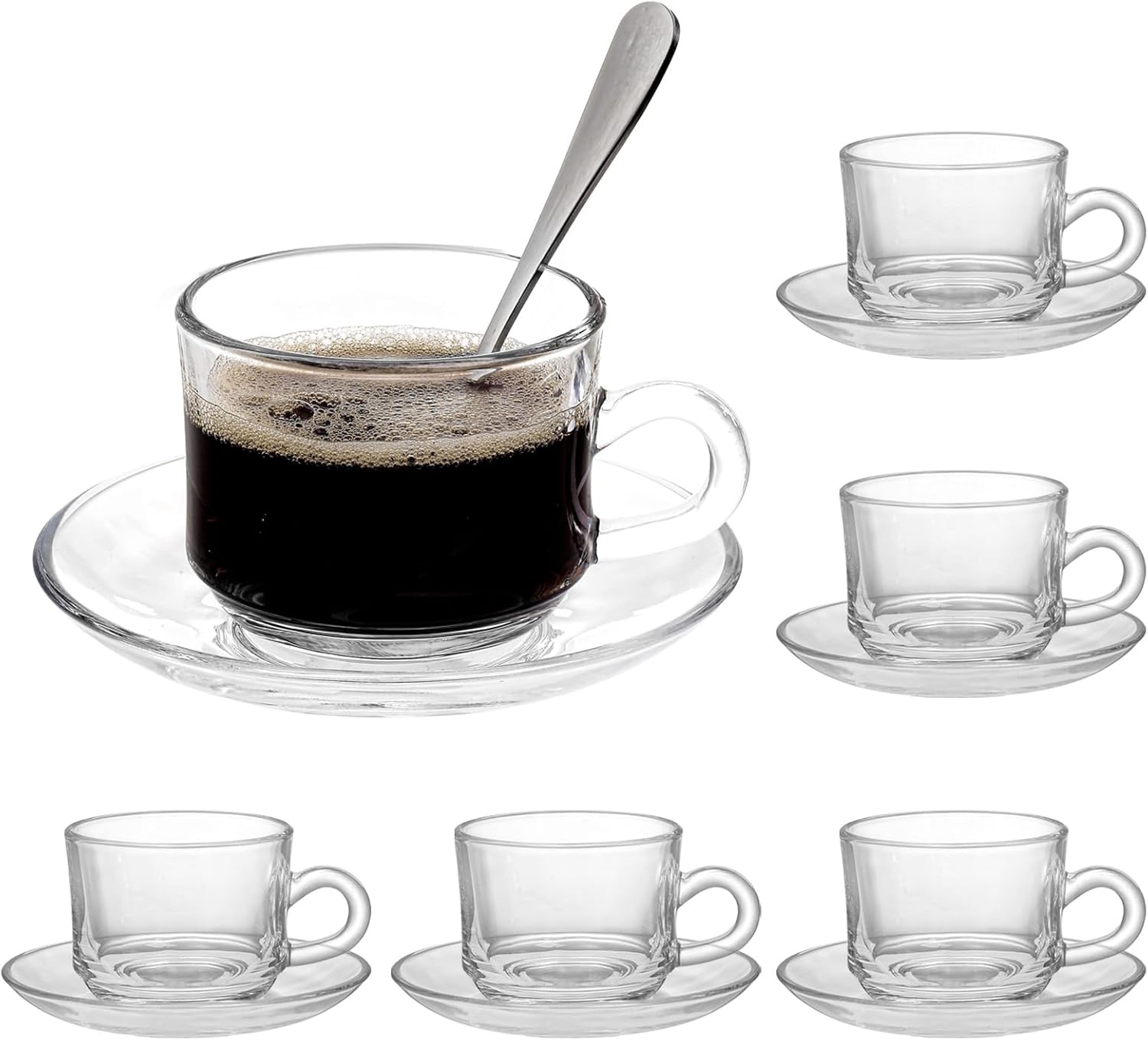 Glass Tea Cups and Saucers Set of 6, Clear Coffee Mugs with Stainless Steel Spoon, Dishwasher & Microwave Safe Teacups for Espresso Cappuccino Latte Tea Juice, 6OZ/180ML