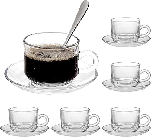 Miniatura 9 de Juego de 6 tazas de té y platillos de vidrio, tazas de café vintage con cuchara de acero inoxidable, aptas para lavavajillas y microondas, para jugo