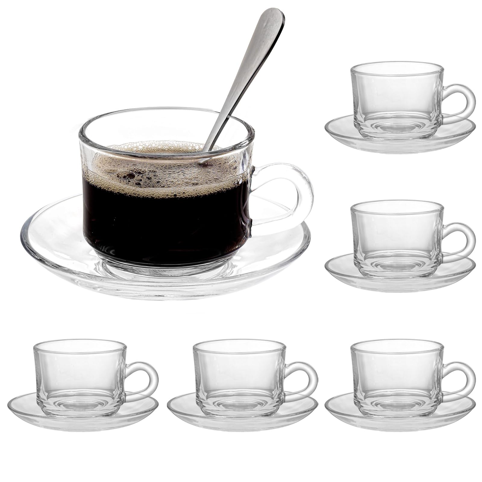 GURUDAR Glass Tea Cups and Saucers Set of 6, Clear Coffee Mugs with Stainless Steel Spoon, Dishwasher & Microwave Safe Teacups for Espresso Cappuccino Latte Tea Juice, 6OZ/180ML