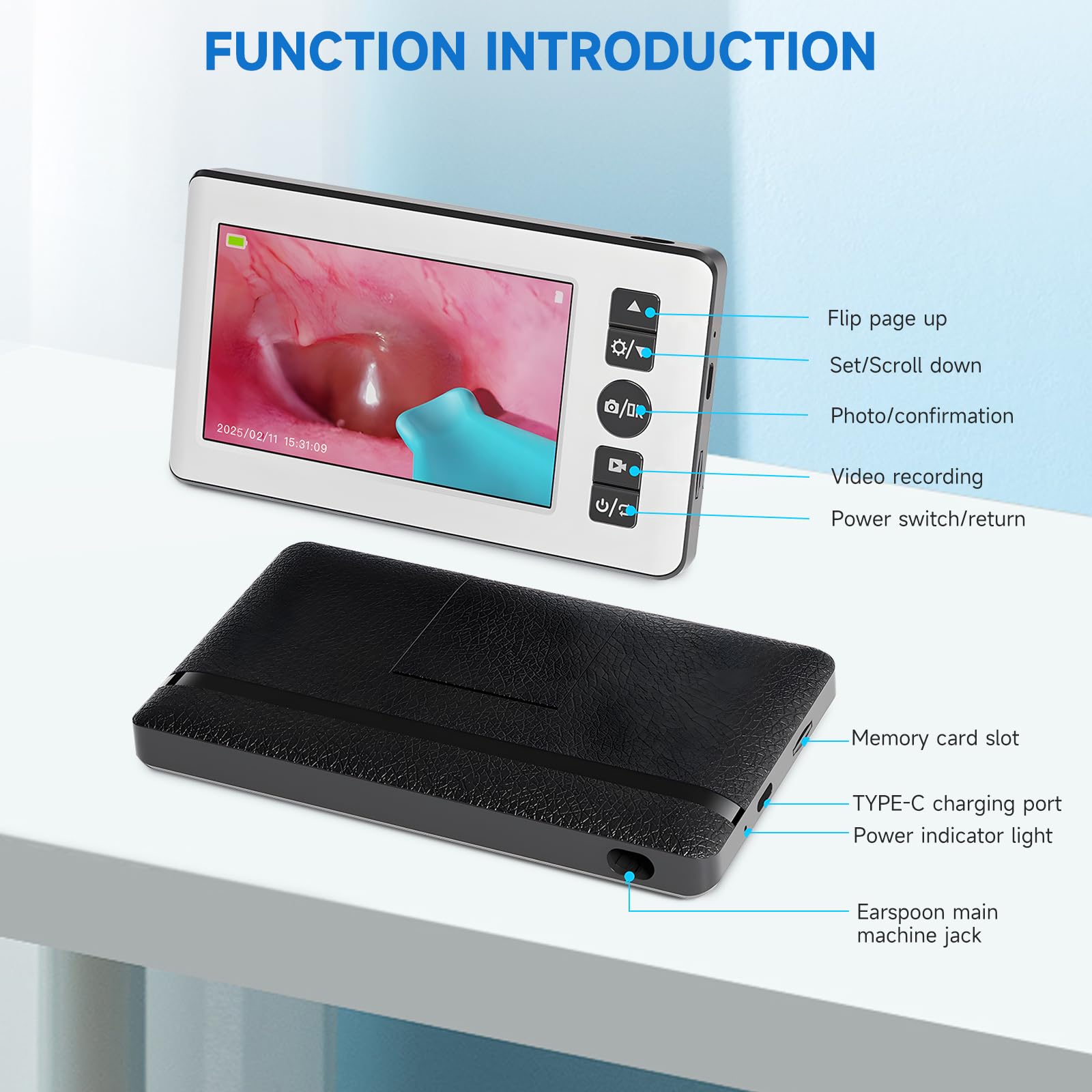 Otoscopio Limpiador de Oídos, 4.3 '' 1080p HD IPS Endoscopio de Oído con 6 Endoscopio LED, Boucher y Play, 3,5 mm Profesional Otoscopio con 64G Tarjeta de Memoria para Niños y Adultos