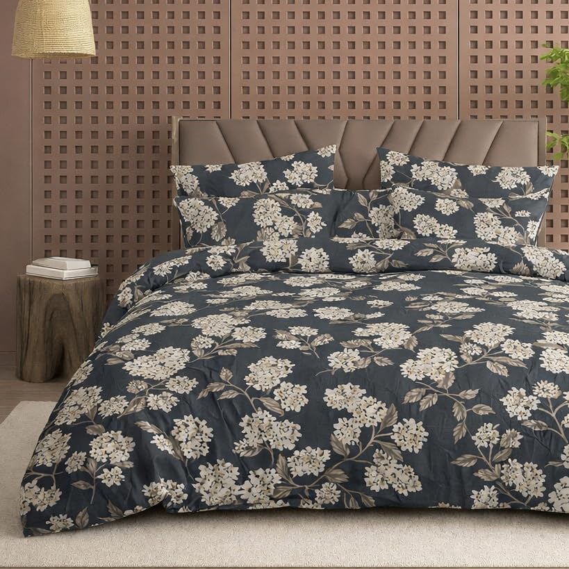 Image of DECOR2ADMIRE 300TC Premium Glace Cotton Printed Super King Size Double Bedsheet with Two Pillow Covers, 108 * 108 Inches or 9ft by 9ft or 275 cm x 275 cm (Midnight Bloom)