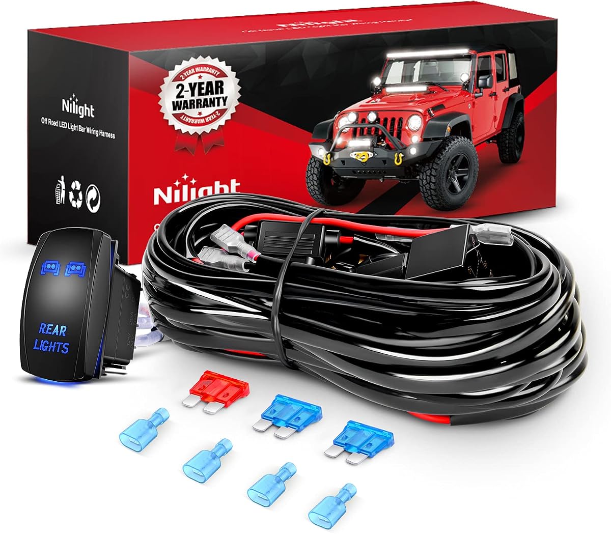 Nilight - Kit de arnés de cableado de barra de luz LED de 10012 W LUCES TRASERAS Interruptor de balancín de 5 pines de 12 V Encendido láser Apagado Interruptor a prueba de agua Cuchilla de relé de alimentación Fusible-2 Cable, 2 años de garantía Negro
