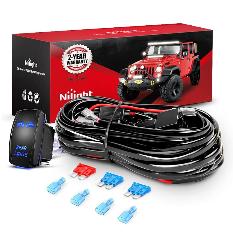 Kit de chicote elétrico Nilight para barra de LED 12 V, relé, fusível e interruptor basculante de 5 pinos – 2 saídas