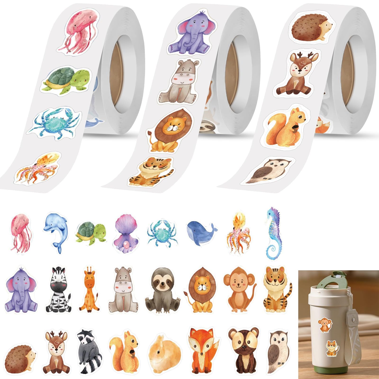 Animal Stickers Rolls,1500 PCs 16 Cartoon Cute Designs Reward Decals for Children Self-Adhesive Small Sheets Blue Stickers Suitcase Sticker Motivational Sticker for Classroom Home DIY Craft Gifts