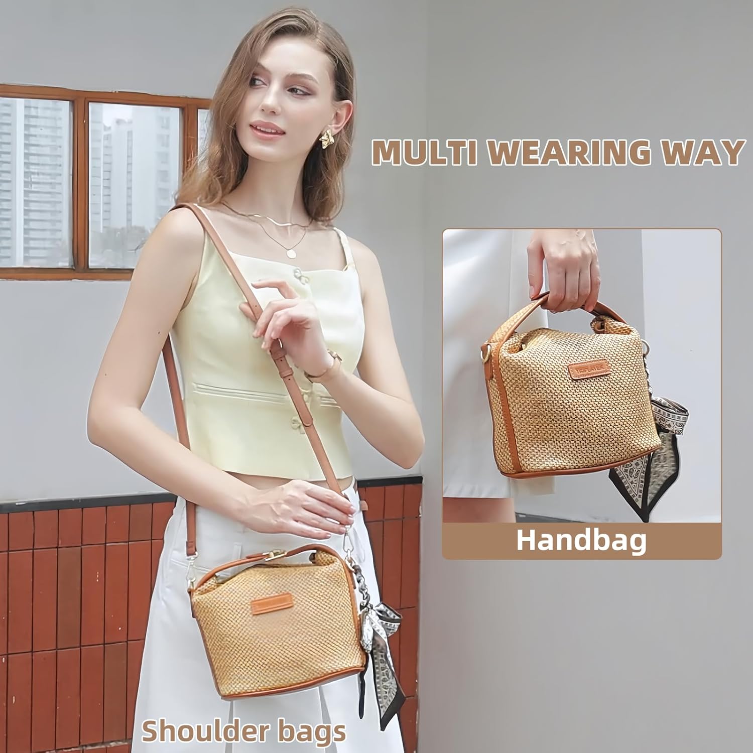2025 Straw Purses for Women, Woven Crossbody Bags with Detachable Chain & Leather Straps, Straw Handbag Summer Purse Beach Woven Bag for Travel Vacation - Image 2