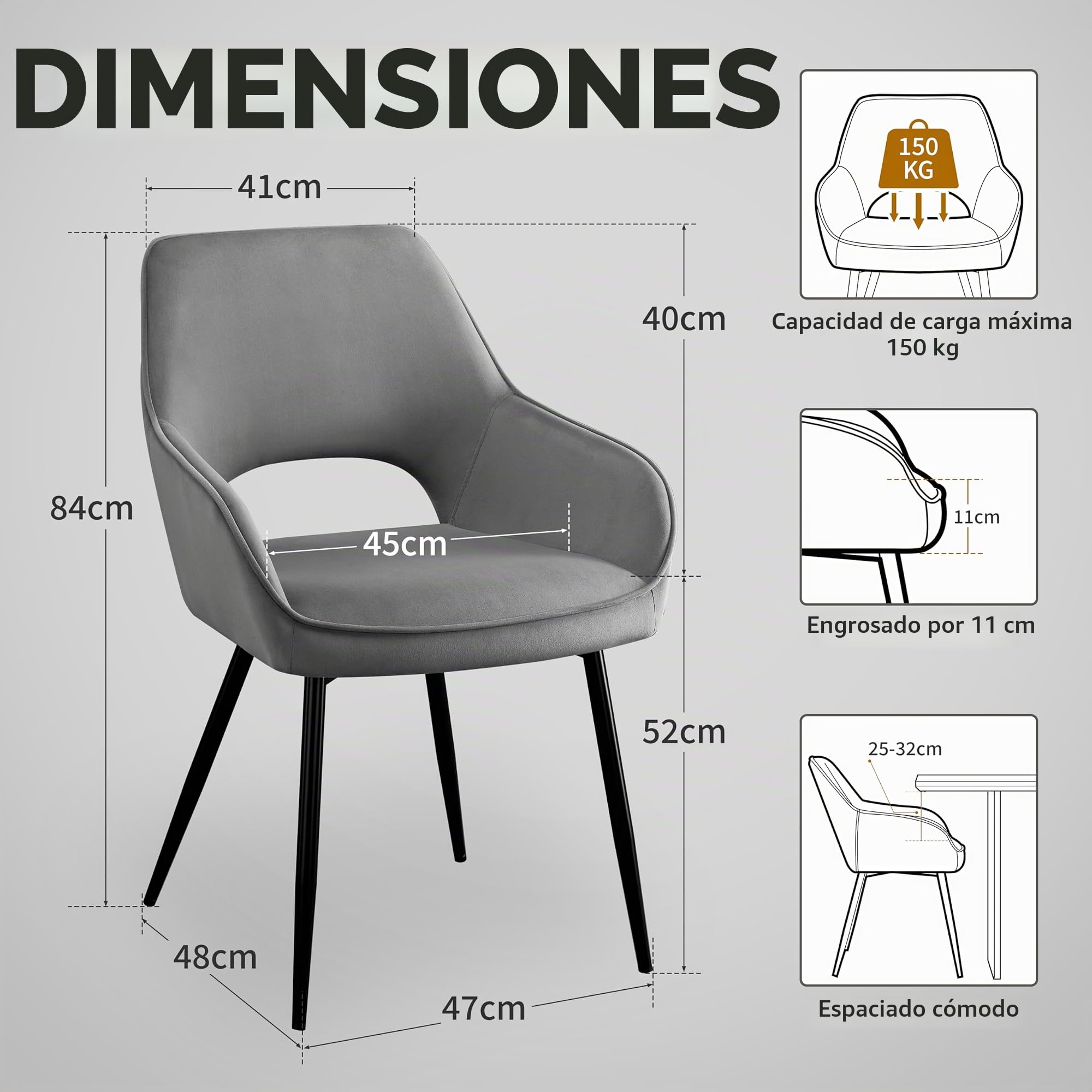 STOOLINK Sillas Comedor Juego de 4, Silla de Comedor de Terciopelo, Silla de Cocina de Diseño Moderno con Reposabrazos, Silla de Tapizadas con Respaldo Recortado para Cocina, Salón - Gris