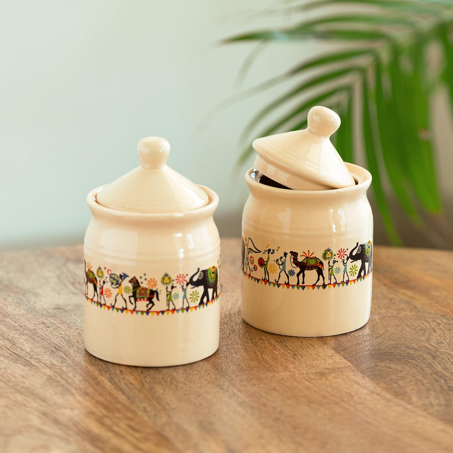 ExclusiveLane Elephant Motif Ceramic Pickle Jars for Dining Table Container with Lid (Non Airtight, Set of 2, 540 ml) | Jars for Kitchen Storage Pickle Jar for Storage (Ivory White & Black) (B0D6W4MWBM) Amazon Price History, Amazon Price Tracker