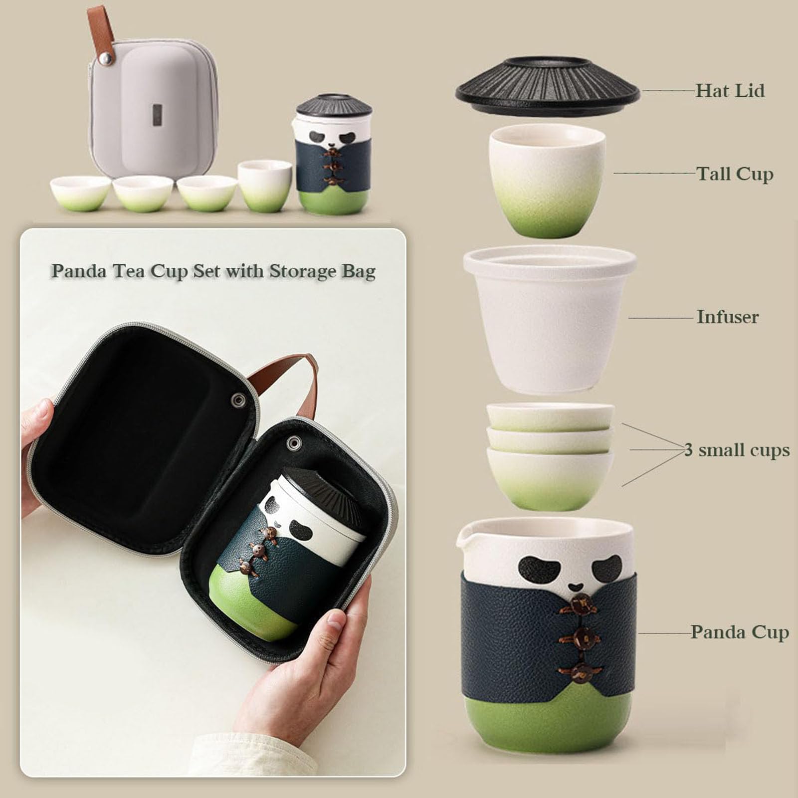 Set Da Tè Portatile In Ceramica Panda – Teiera Con Infusore 190ml + 4 Tazze + Vassoio – Per Viaggio - 4