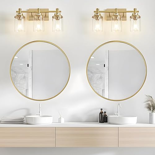 Miniatura 2 de Lámpara de tocador de baño dorada de 3 luces sobre el espejo, lámpara de tocador de latón cepillado, lámpara moderna de pared de baño, luz de