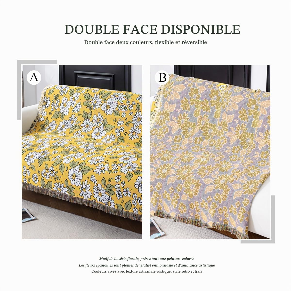 LumiSyne Couvertures Coton Tissé Jetés De Lit Avec Gland Motif Floral Jacquard Style Rétro Frais Réversible Couverture Décorative Jeté De Canapé Couverture De Camping Tapisserie Nappes Tapis 160x130cm