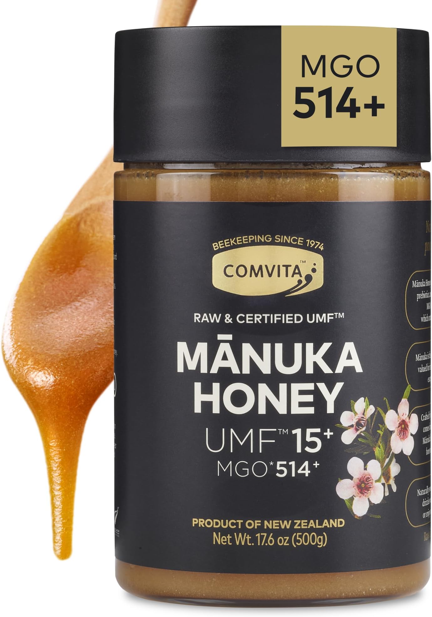 Comvita Manuka Honey UMF 15+ (MGO 514+) - Raw Manuka Honey New Zealand, Pure & Unpasteurized, Superfood for Immune Health, Use in Tea, Wild, Monofloral, Non-GMO - 500g (17.6 oz)