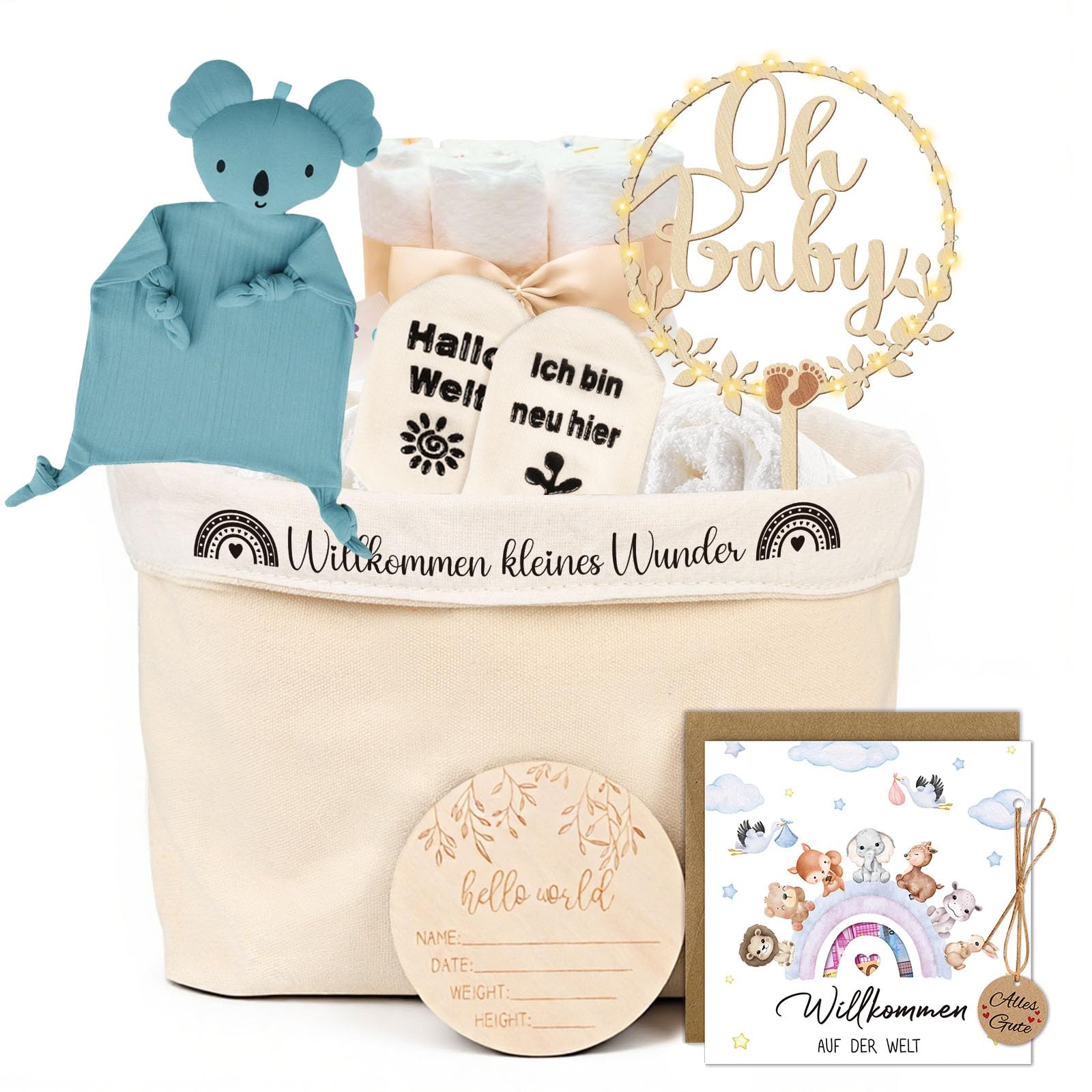 Giftota Baby Geschenk Jungen Mädchen, Neugeborenen Geschenk inkl. Windeltasche, Koala-Schnuffeltuch, Meilensteinkarten Baby Holz, Baby Socken, Tortendeko Holz, Karte zur Geburt und LED Lichterkette