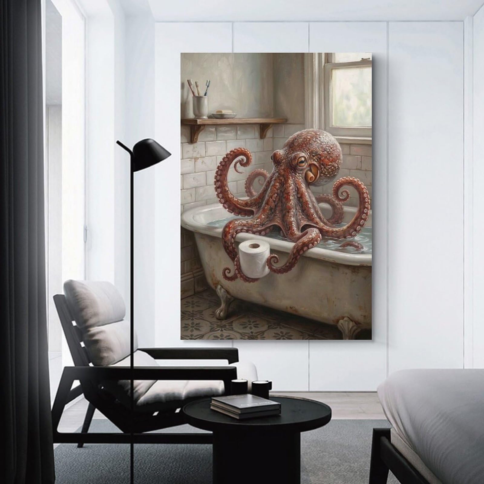 Junmoney Octopus in A Bathtub with Toilet Paper Home Decor Wall Art 24x36inch(60x90cm), for Office, Study Or Home Workspace, Home Office Artwork with Decorative Appeal