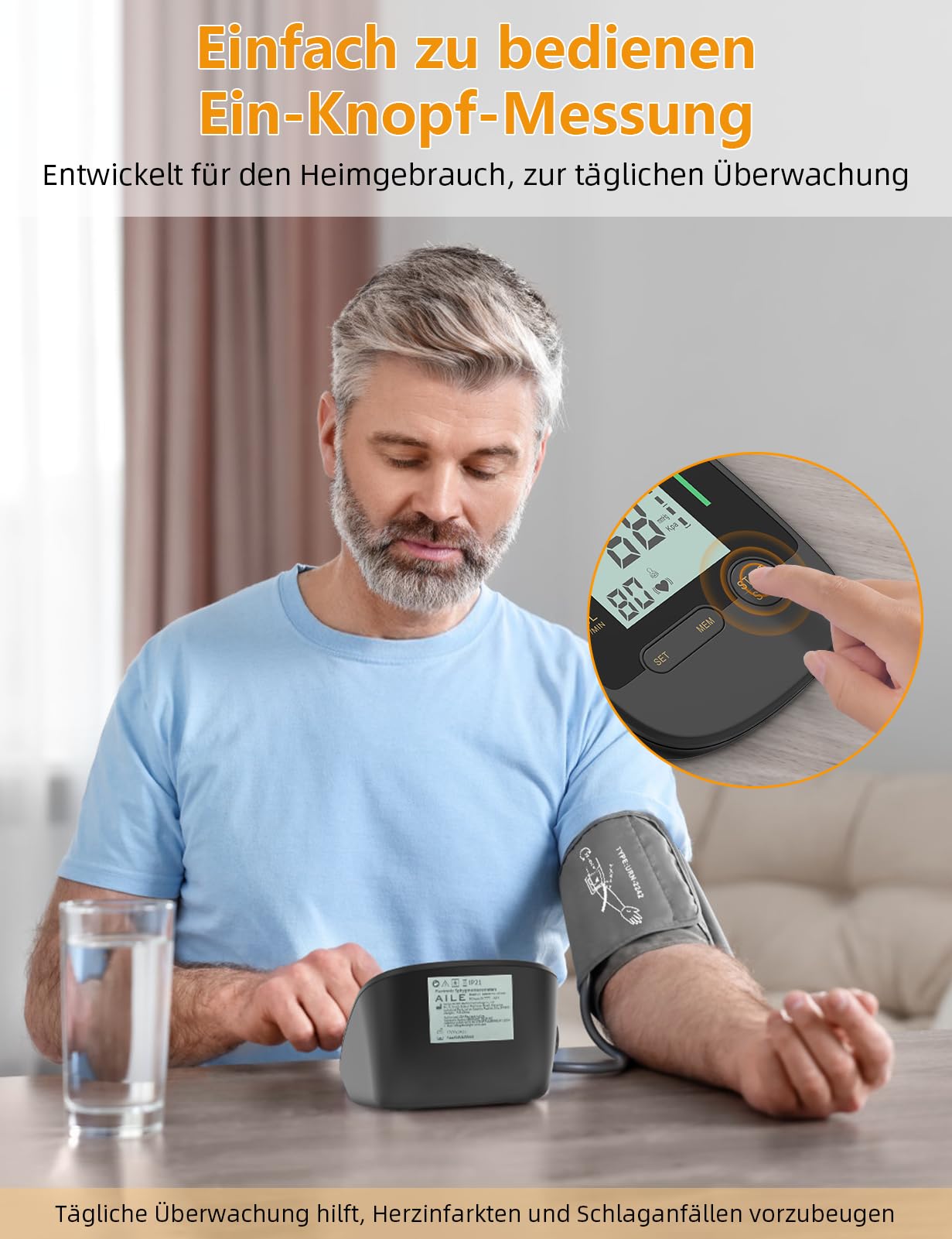 AILE Oberarm Blutdruckmessgerät für den Hausgebrauch,Digitale Blutdruckmessgeräte mit Verstellbar Große Manschette (22-42 cm) Automatisches Bluthochdruck Messgerät Einknopfbedienung