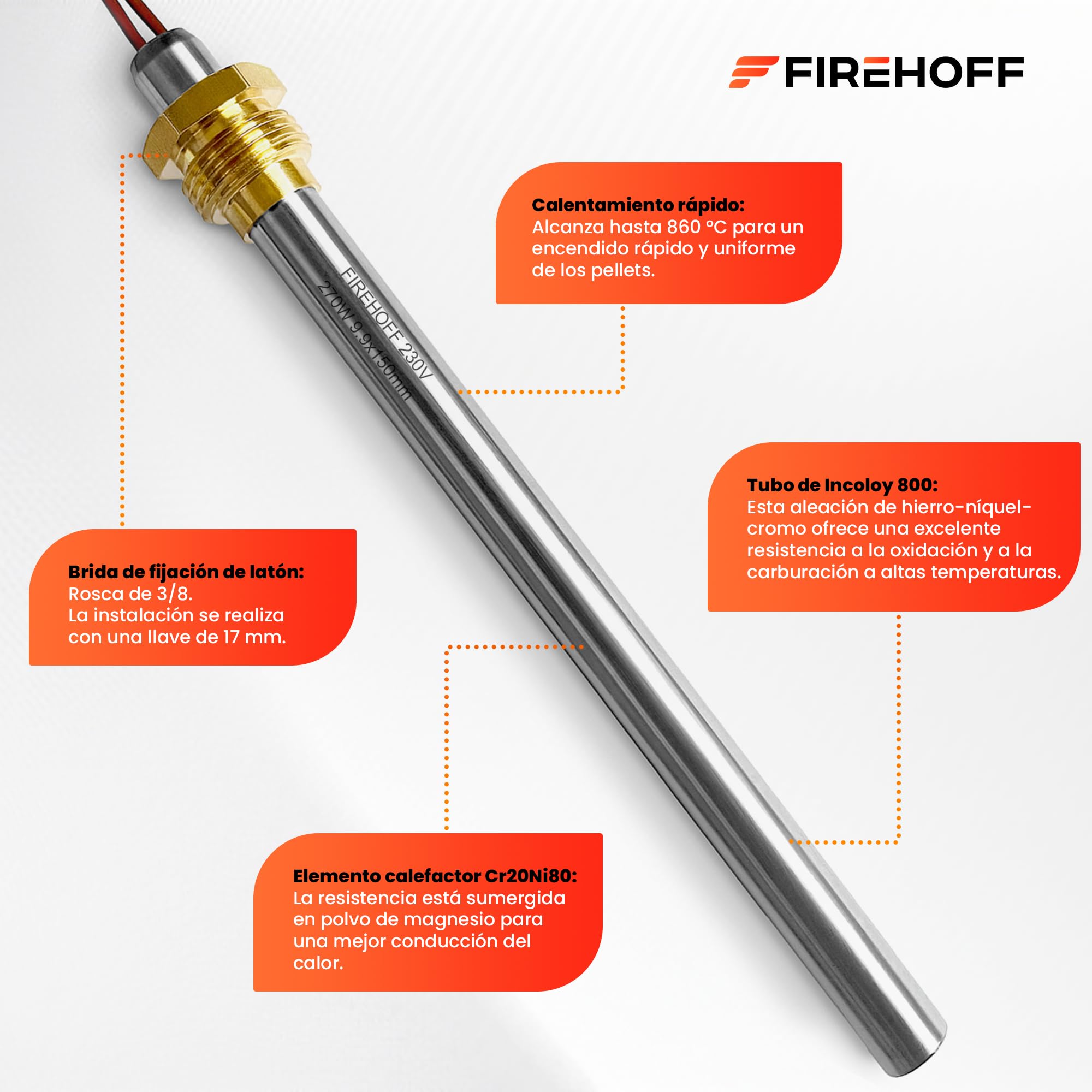 Bujía de encendido para estufa de gránulos - 270 W, 130/140 mm, diámetro 9,9 mm, rosca 3/8, con terminales - GARANTÍA 2 años