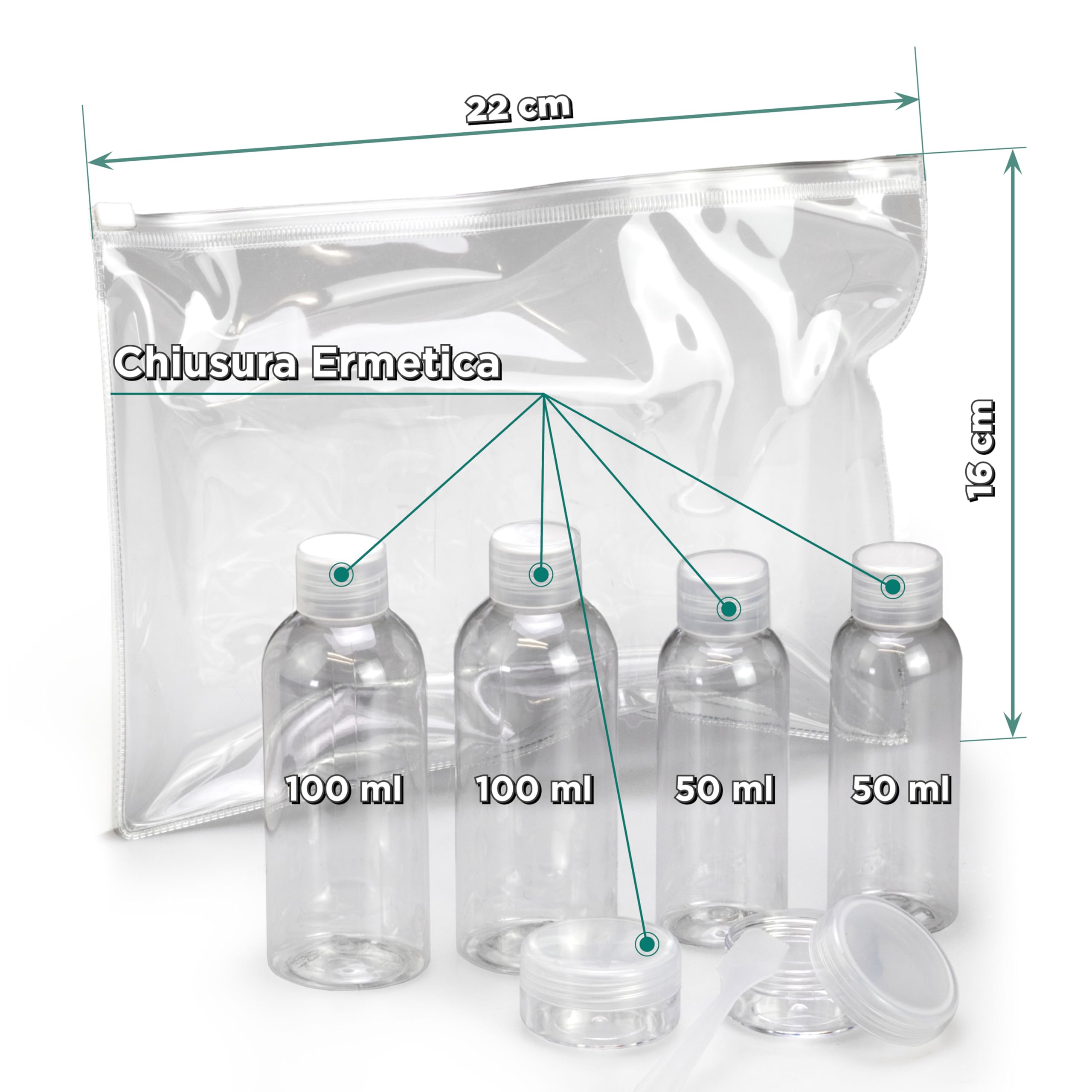 7 PZ Kit Viaggio Liquidi BENESSERE In Linea® - kit Liquidi Aereo - kit viaggio aereo - Travel kit 100 ml - Porta Liquidi da viaggio aereo - 2 flaconi 100 ml + 2 flaconi 50 ml + 2 Porta Crema / Lenti