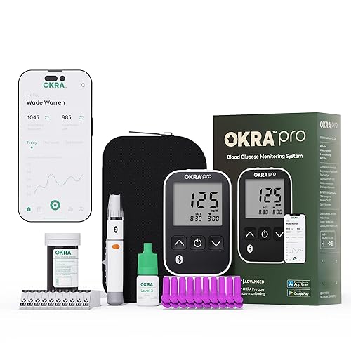 OKRA Kit de monitor de azúcar en sangre PRO – Resultados rápidos de glucosa 5s, sin codificación, eyección de tiras, aplicación para seguimiento, 25