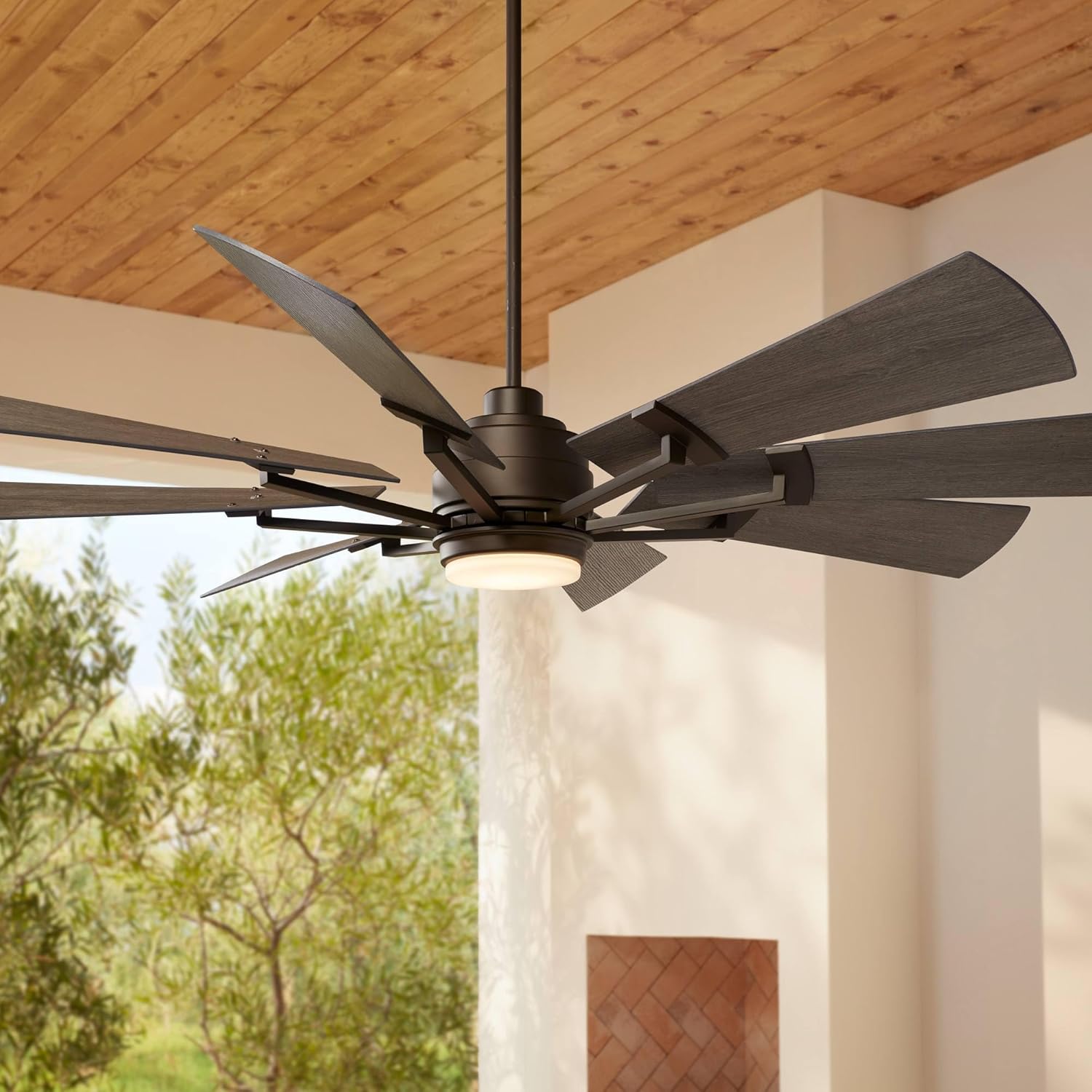 Casa Vieja 72" Windmill Industrial Rustic Indoor Outdoor Ceiling Fan with Light LED Dimmable Remote Control Imperial Bronze Gray Oak Blades Opal Glass Damp Rated Patio Exterior House - 36" Downrod