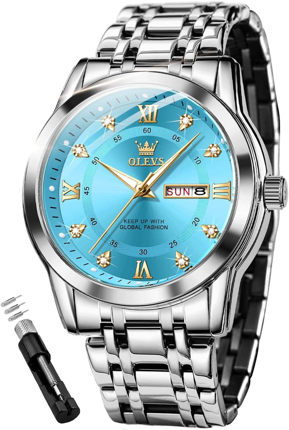 Mens Diamond Watch Luxury Business Dress Wrist Watches Quartz Stainless Steel Waterproof Luminous Day Date