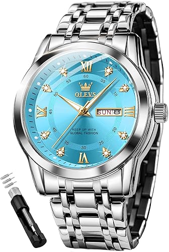 OLEVS Reloj de diamantes para hombre, de lujo, vestido de negocios, reloj de pulsera de cuarzo de acero inoxidable, impermeable, luminoso, fecha de