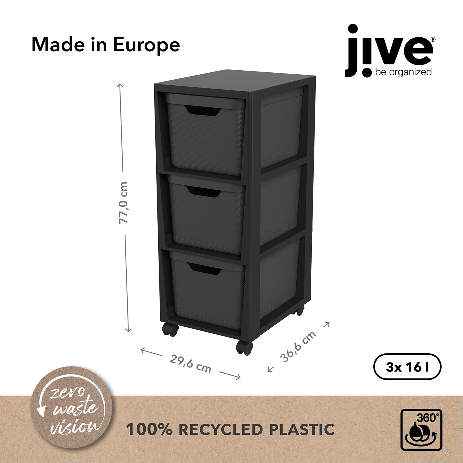 Rotho Jive Schubladenbox Rollcontainer mit 3 Schubladenboxen 16 L Schwarz | Büro Organizer Mit 3 Schubladen, Mobiler Rollwagen, Schubladenturm Für Schreibtisch Und Lego Aufbewahrung Mit Kunststoffboxen