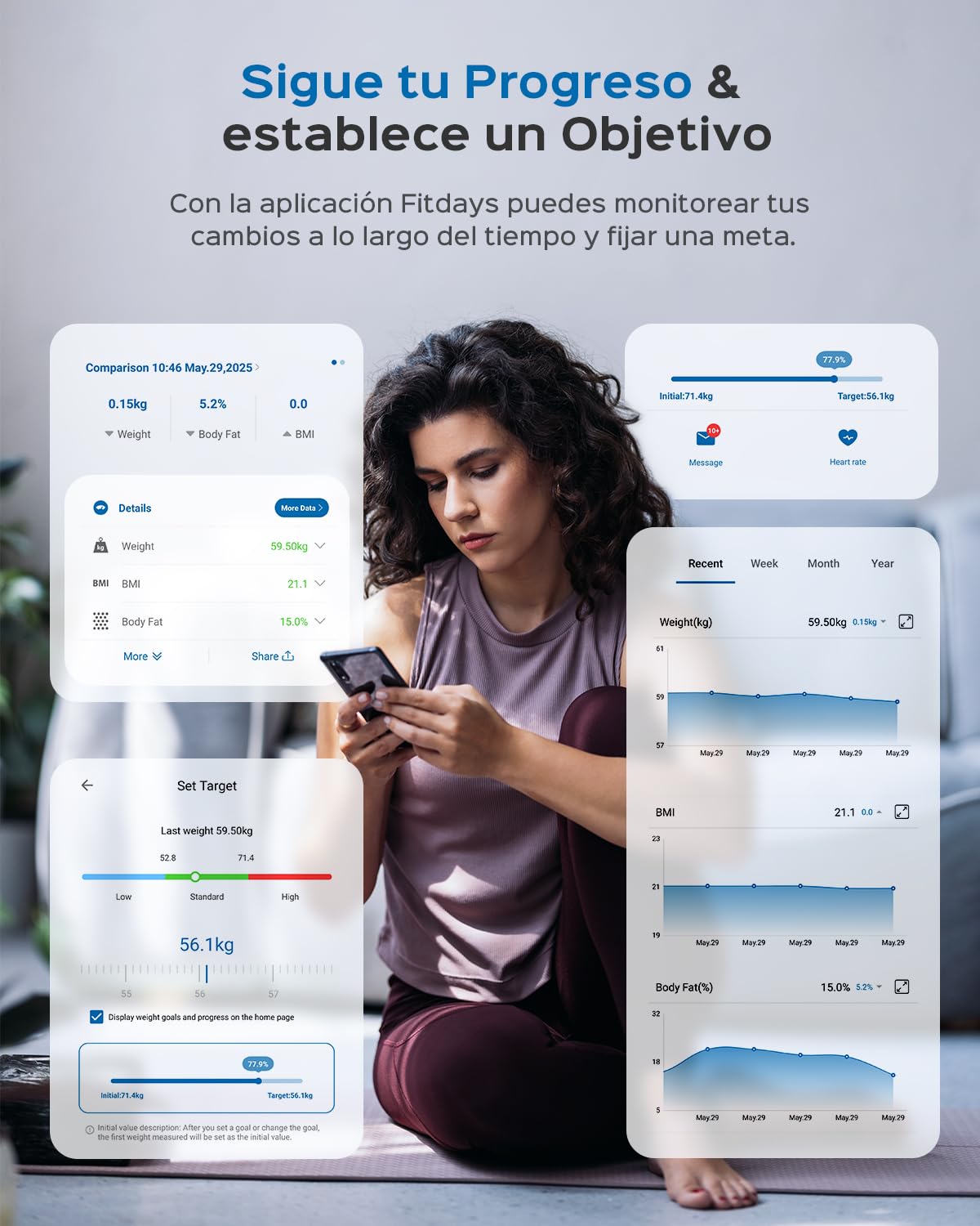 Báscula de Baño Digital, Báscula Grasa Corporal y Muscular con Gran Pantalla, 22 Métricas con IMC, Ritmo Cardíaco, Compatible con iOS y Android
