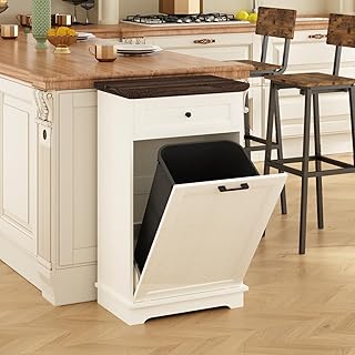 White 13 Gallons Tilt Out Trash Cabinet Freestanding Kitchen Hidden Trash Bin Cabinet with Hideaway Drawer, Wood Pet Proof Trash Can Holder for Kitchen Living Room (Antique Brown+White, 13 Gallon)