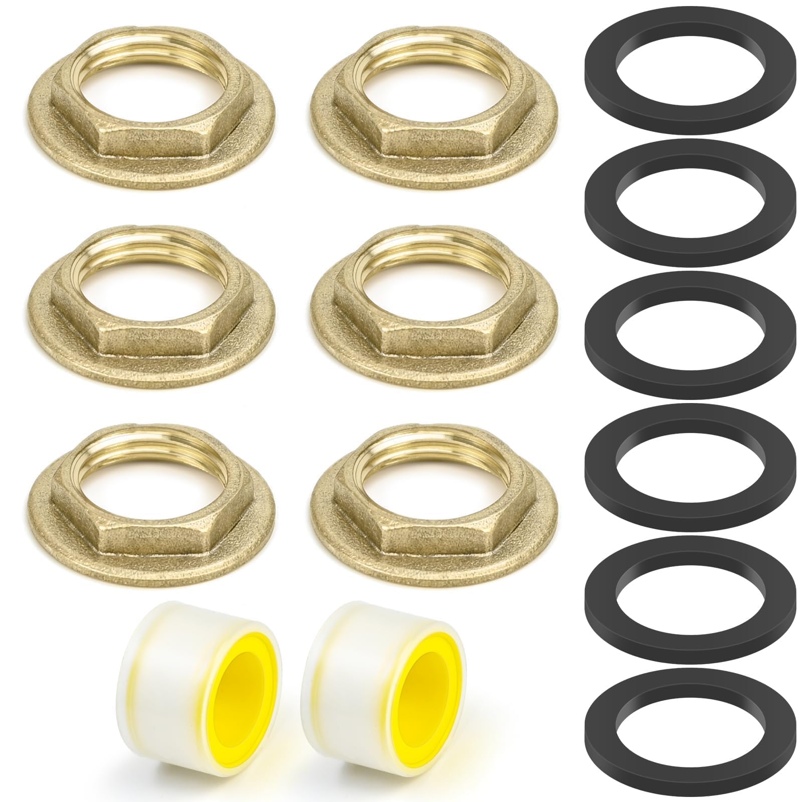 qingmeng 6 dadi di sicurezza esagonali a flangia, dado flangiato da 1/2 pollici, con guarnizione e nastro filettato, filettatura interna, in ottone, scanalatura esagonale per rubinetto, lavandino