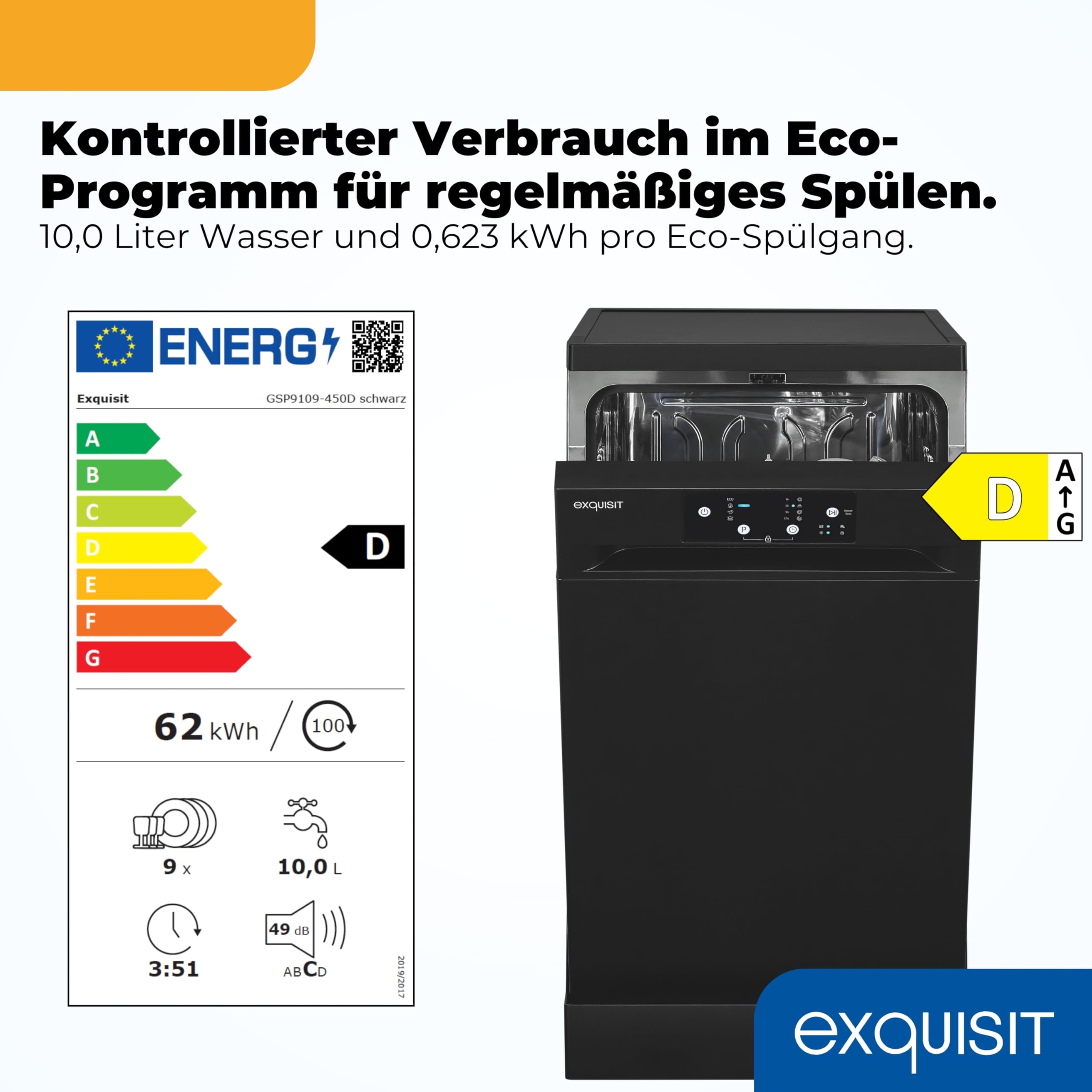 Exquisit Geschirrspüler 45 cm Freistehend Schwarz 9 Maßgedecke 49 dB Aquastop Eco-Programm
