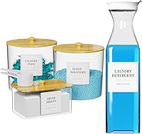 AIKAMI 3+1 Laundry Pods Containers, Dryer Sheet Holder & Detergent Dispenser - Organization Set with Bamboo Lids, Labels & Scoops (102oz+86oz+53oz)