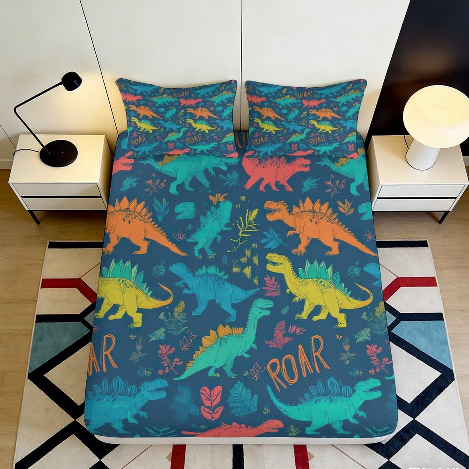 Uxinyoume Style-6 3D Printed Dinosaur Jungle Fitted Sheet Microfiber Soft Breathable Cartoon T-Rex Mattress Cover For Bedroom Dorm Decor 90X200x25cm
