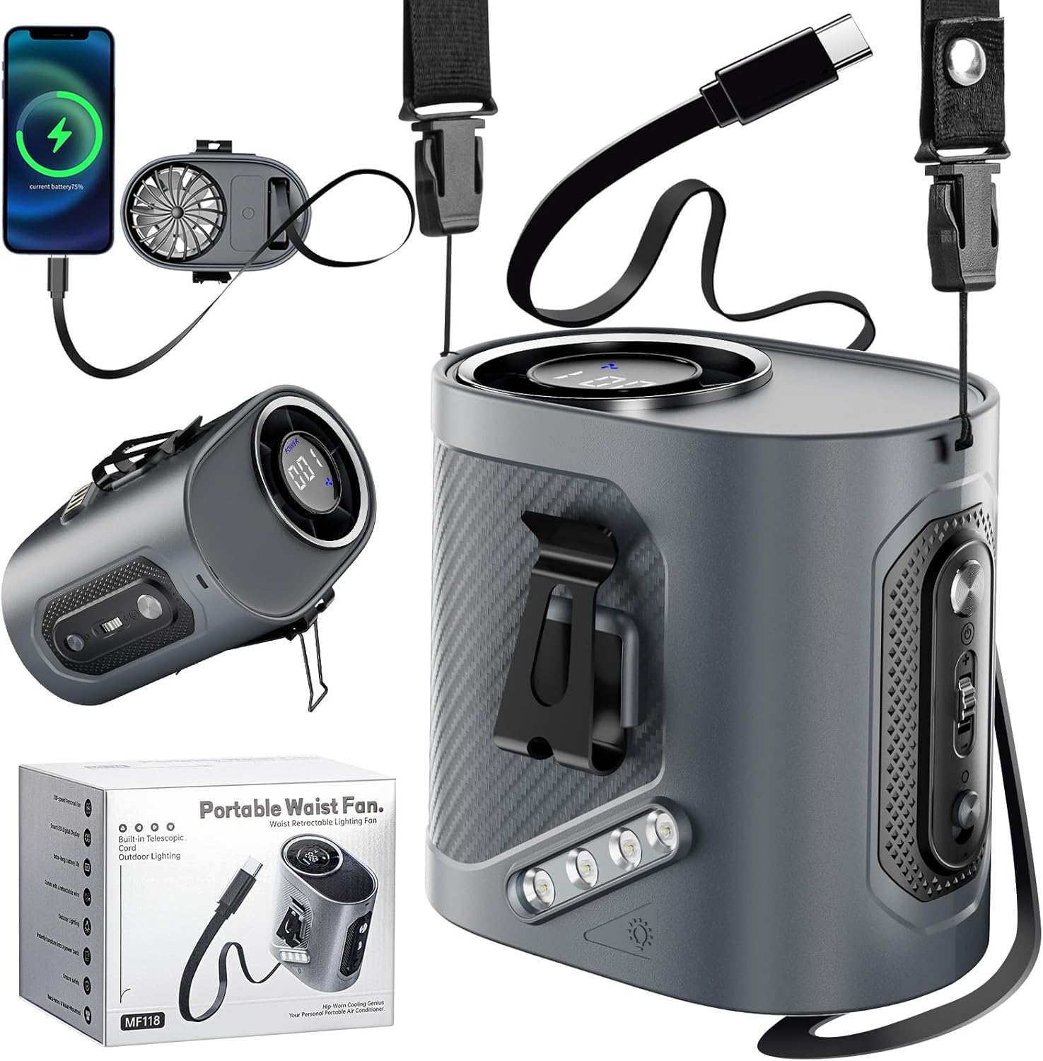 Portable Waist Fan Clip on - Wearable Belt Personal Fan, Hands-Free Air Cooler of Neck/Shirt, 100 Speed/Flashlight Rechargeable Fans, Built in Type-C Cable, for Outdoor Job Travel, Father's Day Gift Dark Grey