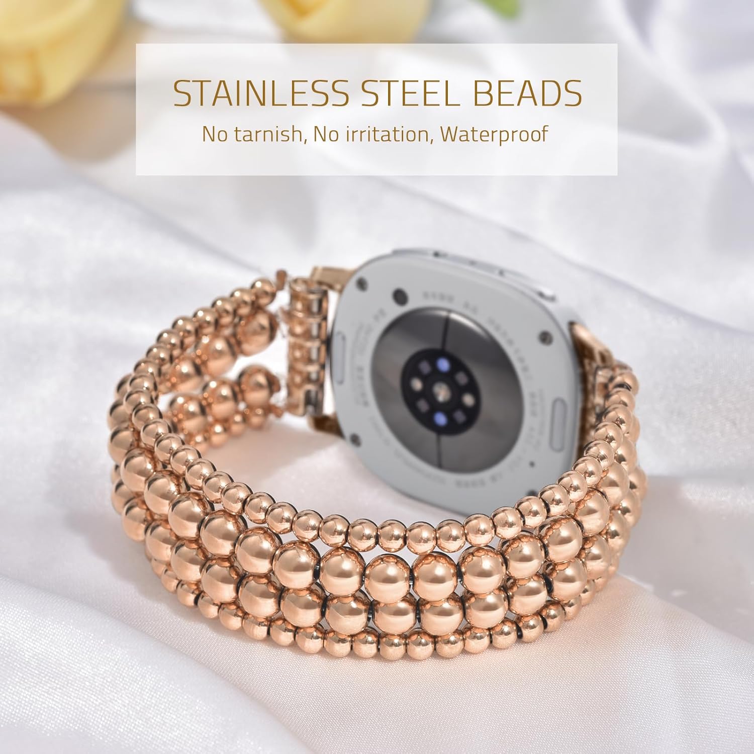 Dressy Beaded Bracelet Compatible with Samsung Galaxy Watch 8 Band 40mm 44mm/8 Classic 46 mm Women, Fashion Cute Strechy Stainless Steel Beads Strap for Galaxy Watch 8 - Image 2