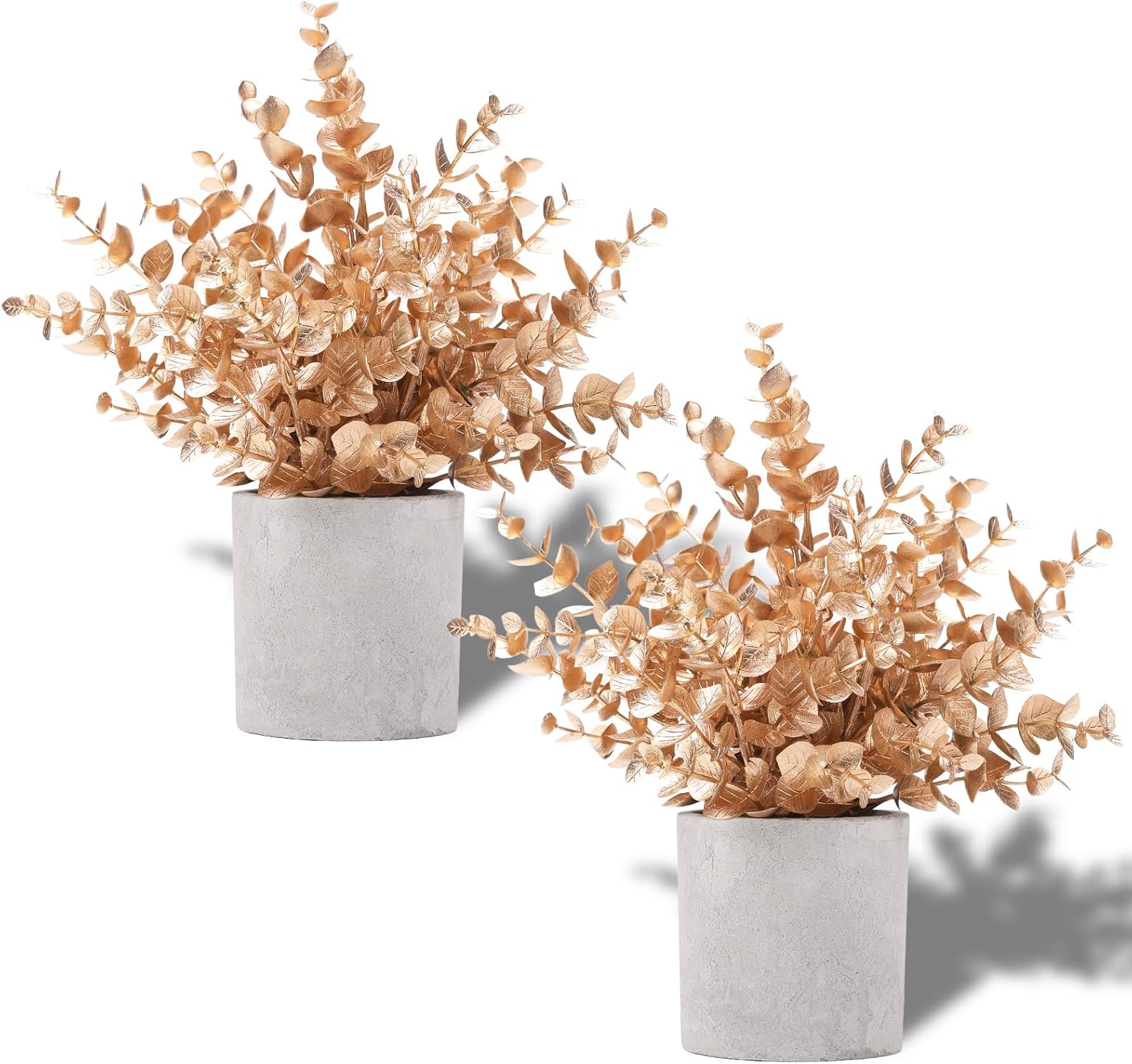 2 pack gold eucalyptus small fake plants potted artificial plants for christmas decorations shelf desk home farmhouse room coffee table bathroom decor 2 gold