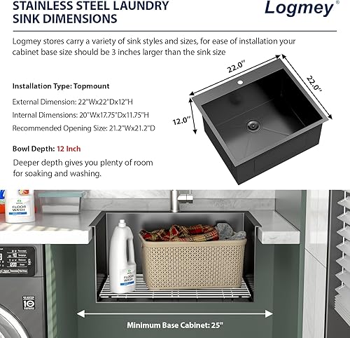Vista 19 de Logmey Fregadero de cocina negro de 33 x 22 pulgadas, estación de trabajo SUS304, calibre 16, acero inoxidable, cuenco individual, montaje superior