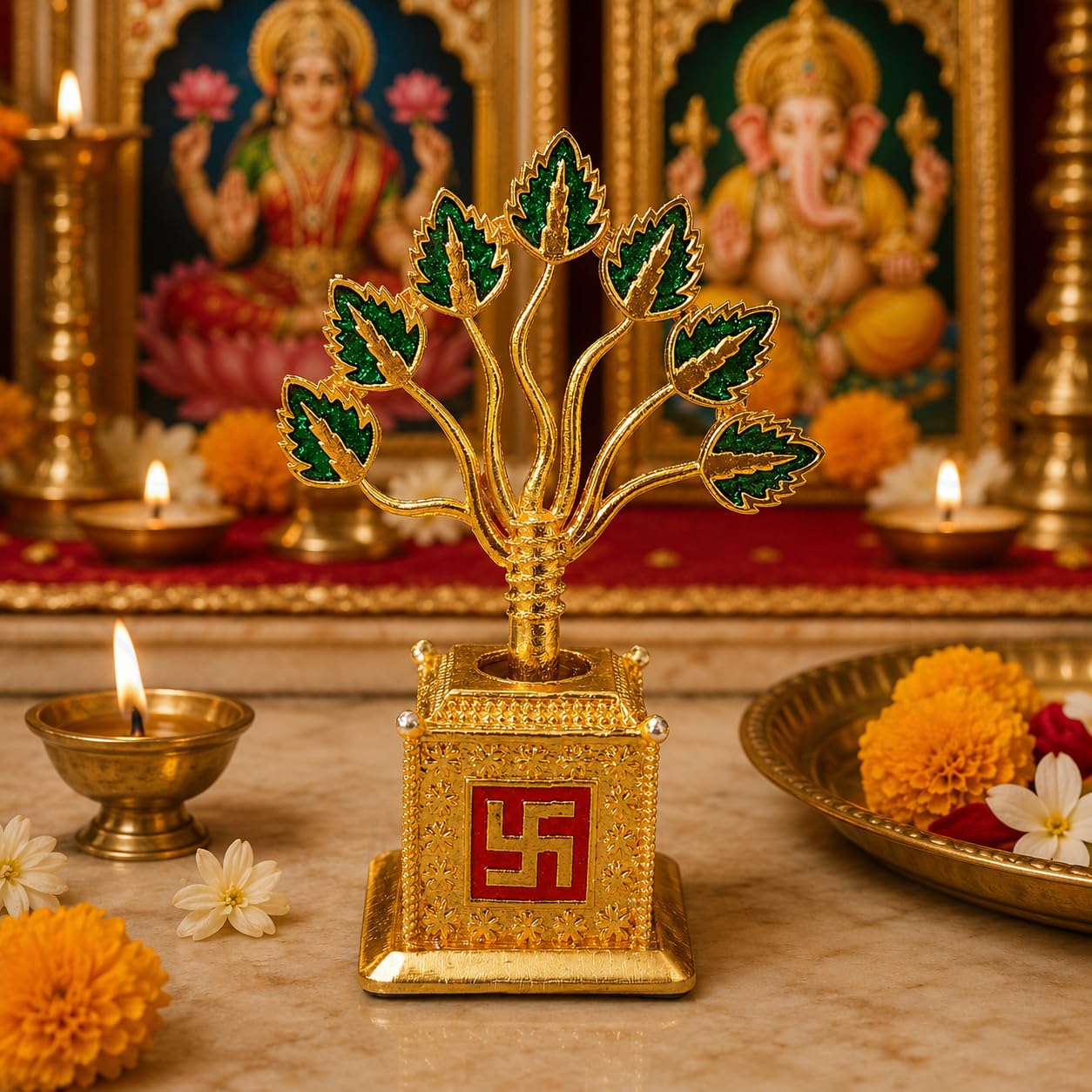 Decorative Metal Tulsi Plant for Home Temple Décor | Silver, Gold & Multicolor Mini Tulsi Vrindavan | Pooja Mandir Showpiece for Diwali, Housewarming & Return Gifts (Gold)-image-21