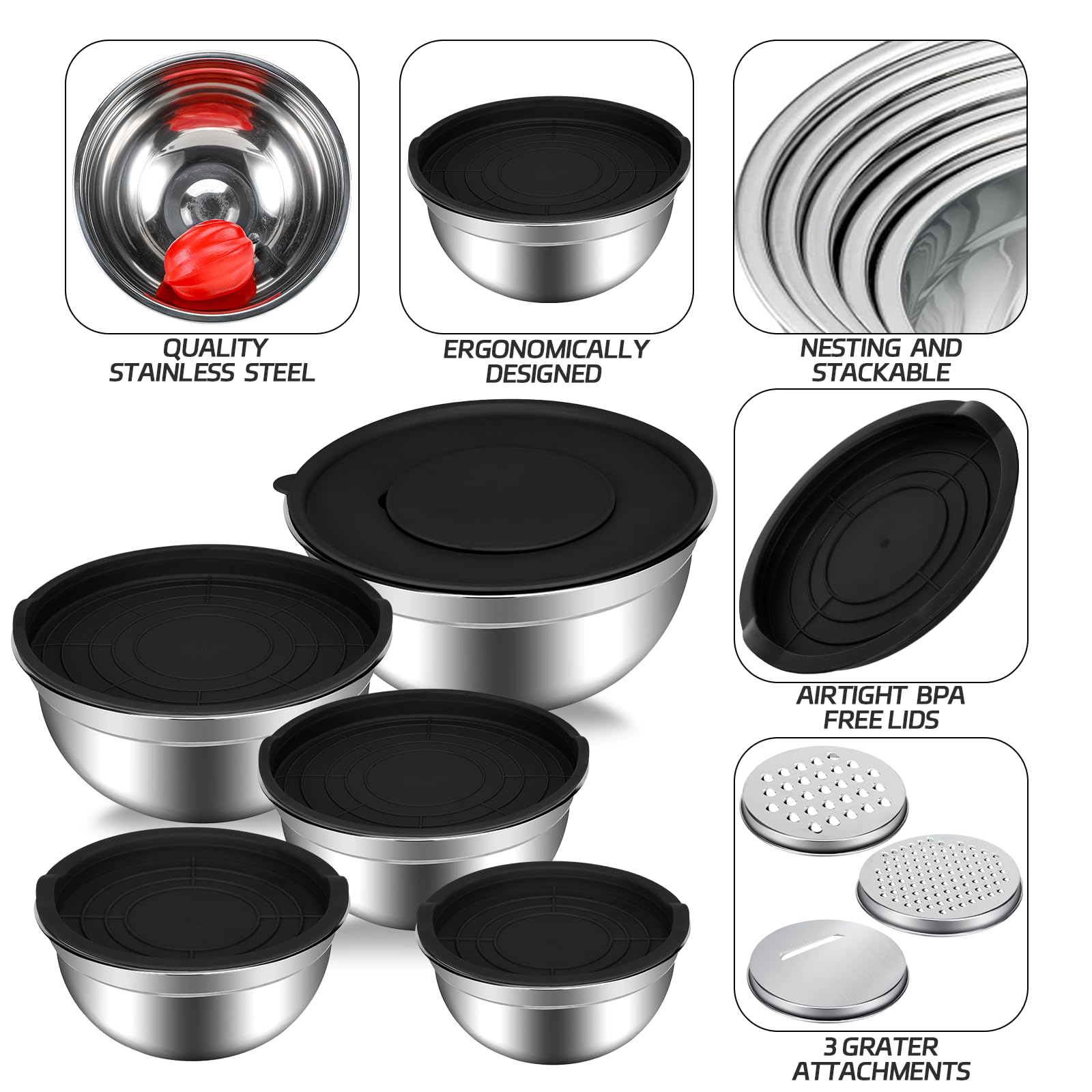 Pavlleen Set 5 Pezzi Ciotole in Acciaio Inox da Cucina, Ciotola Insalatiera-0.7L-1.1L-1.6L-3.6L-4.5L, Ciotole per miscelazione in Acciaio Inox con coperchi ermetico, per Lavorare e Conservare Alimenti