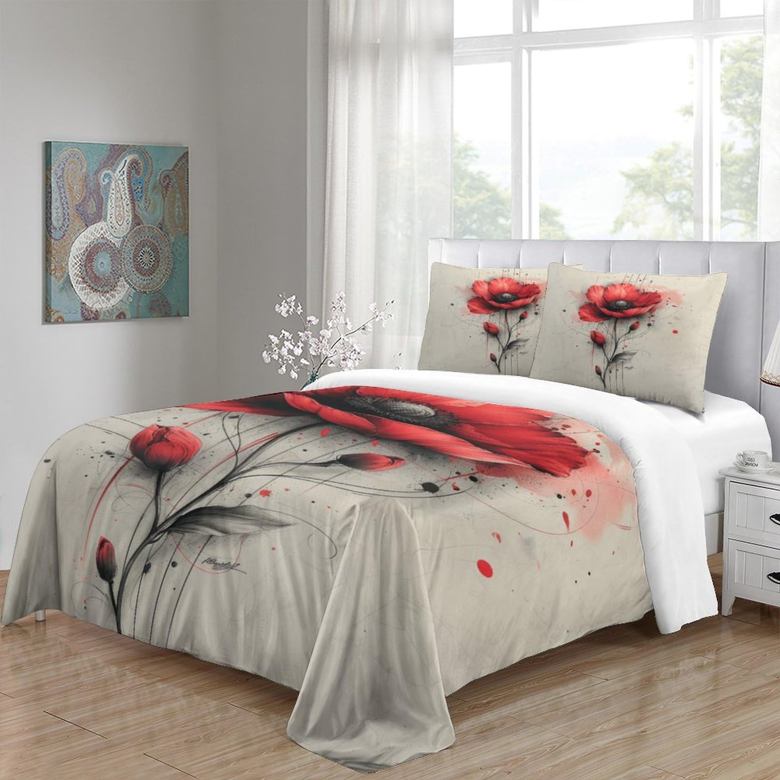 Funda de edredón de 3 piezas con diseño abstracto de flores rojas de calidad hotelera, fundas de cama con fundas de almohada con cierre de cremallera, microfibra hipoalergénica ultrasuave,