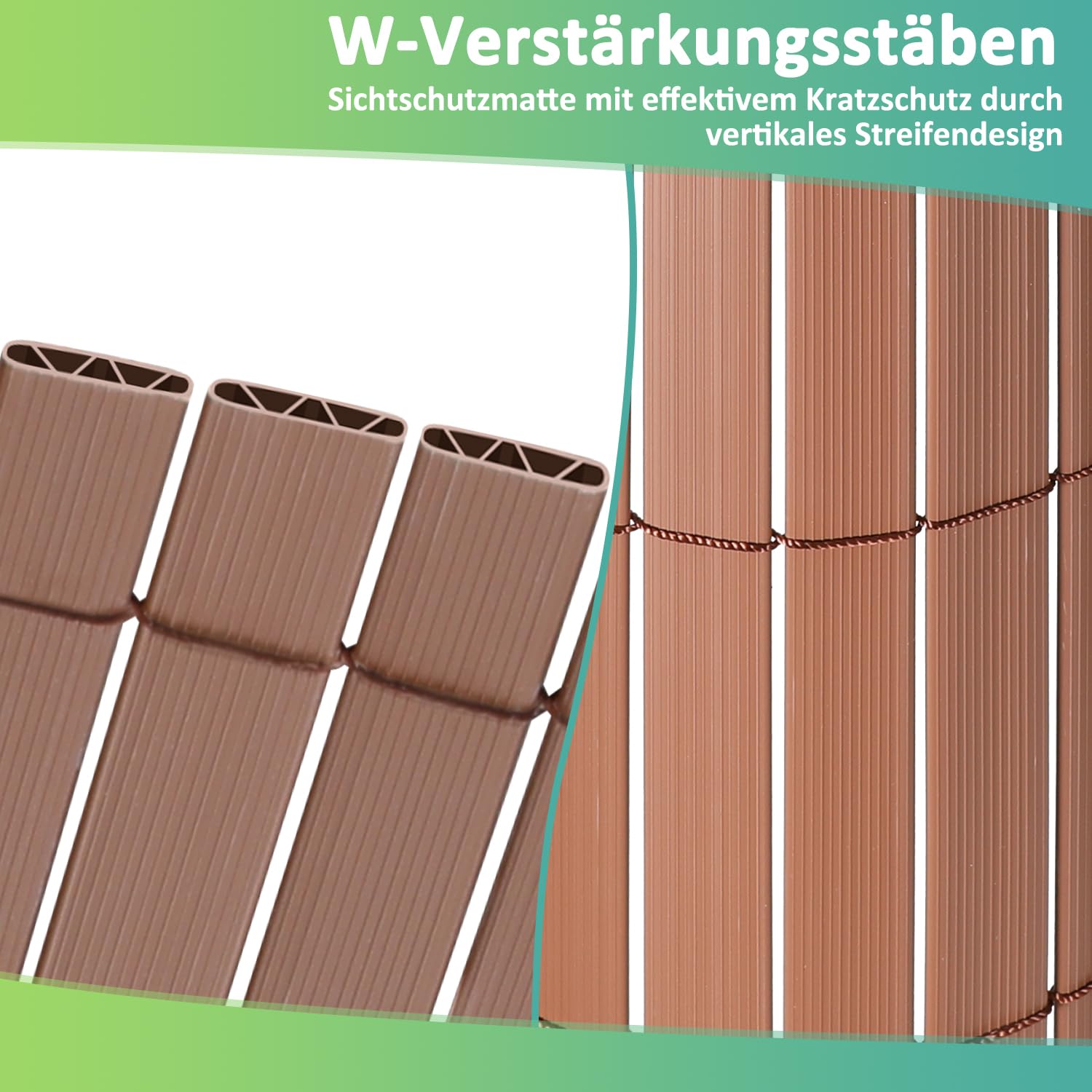W-Rippenverstärkungen,Braun PVC Sichtschutzmatte Sichtschutzzaun,UV-beständig, schimmelfrei und pflegeleicht,Verstärkt Starke Privatsphäre für Garten Balkon Terrasse(1.8 * 5M)