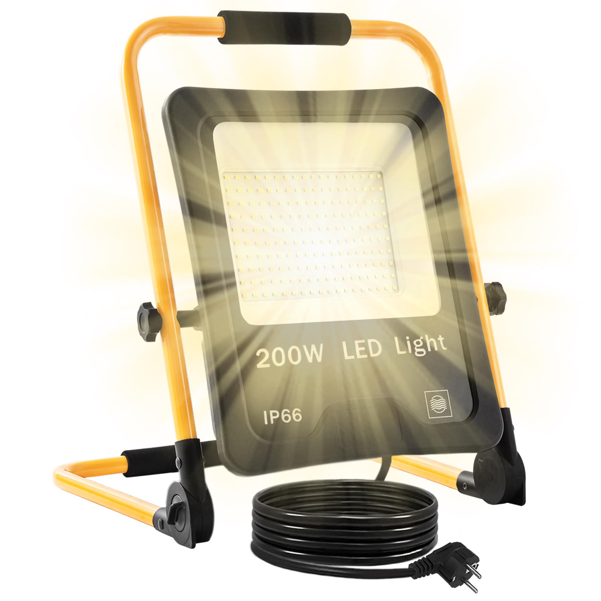 YRHome Reflektor budowlany LED, 200 W, ze składanym stojakiem, lampa robocza z wtyczką, lampa warsztatowa, wodoszczelna IP66, przenośna lampa na plac budowy, do warsztatu, konserwacji, ogrodu, garażu