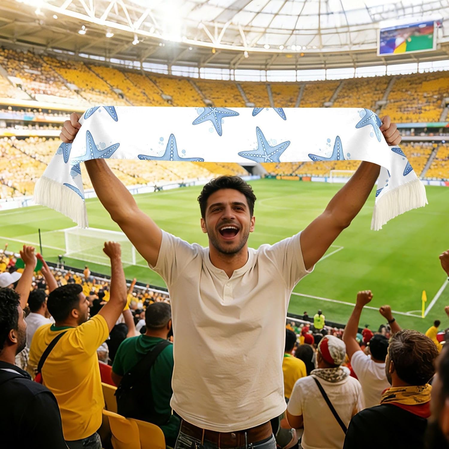 CHIFIGNO Blue Starfish White Sports Fan Scarf for Soccer Games, Soft Polyester Sweat Towel Wrap with Fringe Ends, Cheering Banner Scarf