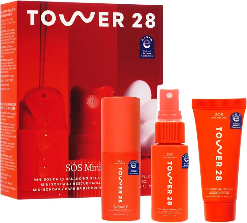 Tower 28 SOS Recovery Hydrating Face Cream for Sensitive Skin (1.86 oz) | Mini Hypochlorous Acid Spray, Barrier Repair Face Cream & Gel Cleanser, TSA-Approved Sensitive Skin Care Set